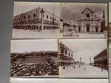 several old black and white photos of a city with a clock tower