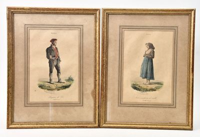 two framed prints of a man and a woman standing next to each other