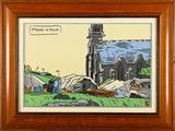 tableau représentant une église avec un dessin humoristique d'un homme dans une tente