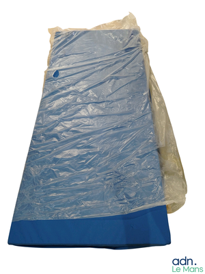 a blue plastic bag with a blue strip on it