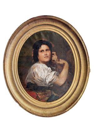 painting of a woman holding a cat in her right hand