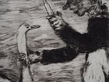 a black and white drawing of a man cutting a duck ' s hair