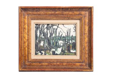 peinture à l'huile d'une scène de forêt avec des arbres au premier plan