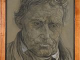 portrait of an old man with a mustache and a tie in a wooden frame