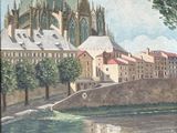 une peinture représentant un château au bord d'une rivière