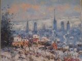 tableau représentant une vue d'une ville sous la neige, avec une église en arrière-plan