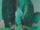 une peinture à l'huile représentant un chat assis au milieu d'un champ vert