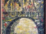 an oil painting of a bridge over a body of water with trees in the background