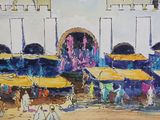 a painting of a street market with umbrellas and people