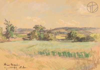 painting of a field with trees and grass in the foreground