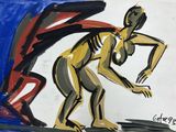 tableau représentant une femme vêtue d'une robe jaune et noire sur un fond rouge et bleu