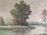 an oil painting of a river and trees on a cloudy day