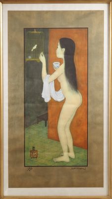 une image représentant un tableau où l'on voit une femme tenant un oiseau dans la main