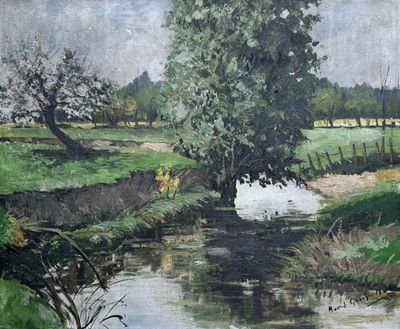 a painting of a stream running through a green field