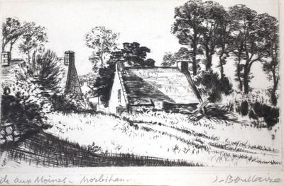 dessin représentant une ferme au toit de chaume, avec des arbres en arrière-plan