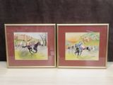 two framed pictures of a horse and rider in a field