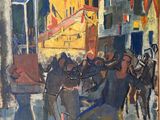 peinture d'un groupe de personnes marchant dans une rue devant un bâtiment