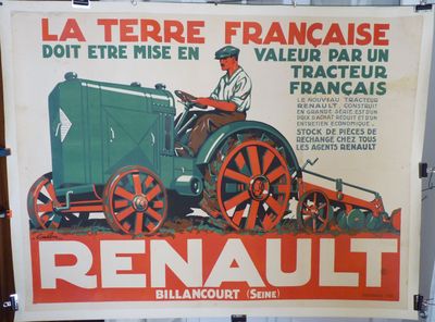 affiche représentant un agriculteur au volant d'un tracteur, avec une charrue au premier plan