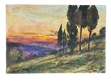 an image of a painting of trees on a hill with a sunset in the background