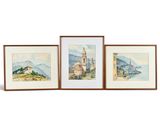 trois aquarelles représentant des montagnes et une église sur une colline