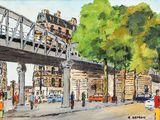 a watercolor painting of people walking on the sidewalk