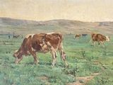 painting of cows grazing in a field with hills in the background