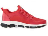 a red shoe with a white sole and a black bottom
