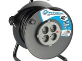 an image of a black and gray electrical cable reel on a stand