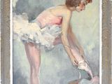 painting of a woman in a tutu tying up her ballet shoes