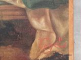 an old painting of a woman sitting on a bench with a cat