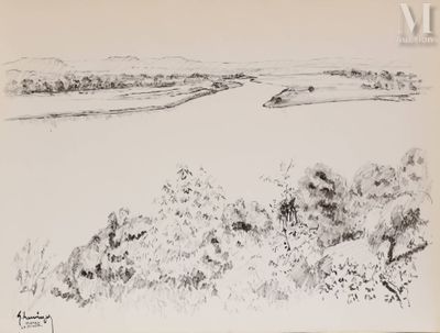 dessin représentant une rivière, avec des arbres au premier plan et des montagnes au loin