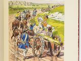 painting of a group of horses pulling a carriage down a dirt road