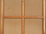 a painting of a window with a wooden frame and brown paper