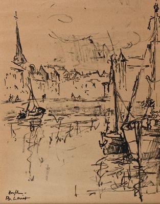 drawing of a boat in a harbor with a church in the background