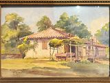 tableau représentant une maison dans un décor champêtre, avec des arbres et une clôture