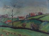 une image représentant un tableau d'un champ vert avec des maisons au loin