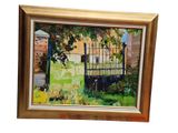 tableau à l'huile encadré représentant un jardin avec un portail et des fleurs