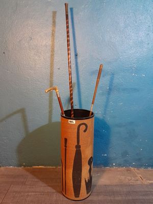 Porte parapluie forme tubulaire en plastique moulé, décor toile de jut - Photo 1