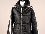 a black jacket with white stripes and a hood on a mannequin mannequin