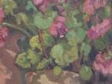 a painting of a vase of flowers on a ledge