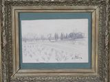 dessin représentant un paysage, dans un cadre doré orné d'une bordure bleue