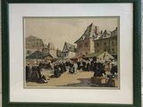 painting of a street scene with people walking and sitting on the sidewalk