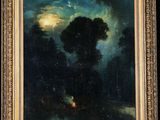 a painting of a dark night with a full moon in the sky