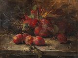 une image représentant un tableau montrant des radis et d'autres fruits posés sur une table