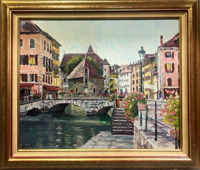 painting of a painting of a bridge over a river in a city