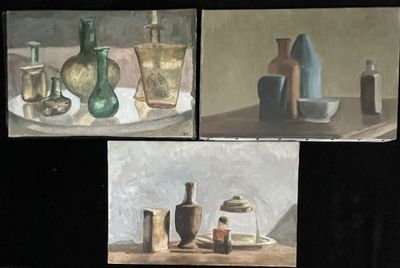three paintings of vases and bottles on a table with a black background