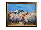 une peinture représentant une peinture d'un paysage avec des arbres et des bâtiments