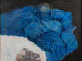 peinture représentant un bol bleu et blanc orné de rochers sur fond noir