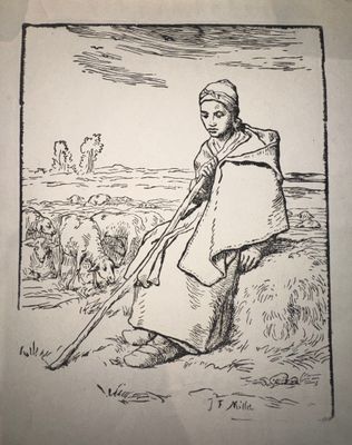 un vieux dessin représentant une femme tenant un bâton à la main