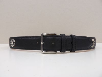 a picture of a black leather belt with silver buckles